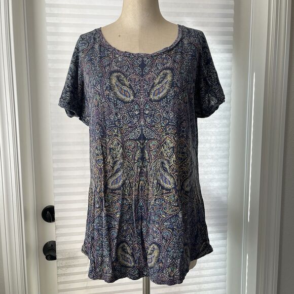 Lucky Brand Paisley Split back Tee, size L, Navy, cotton blend, made in India. - Picture 1 of 7